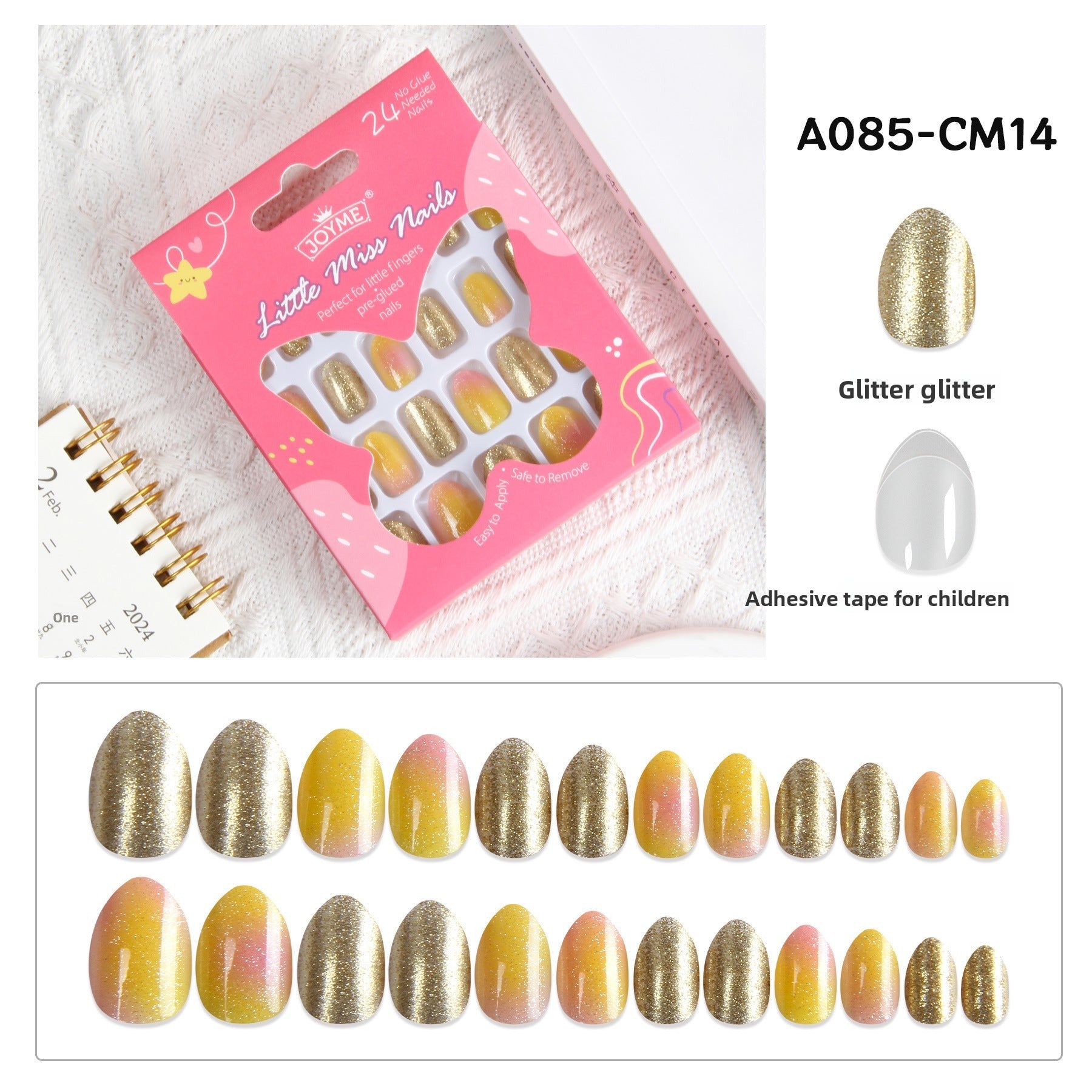 Kids press-on nails Comes with nail patch pointed almond 24 pieces finished product