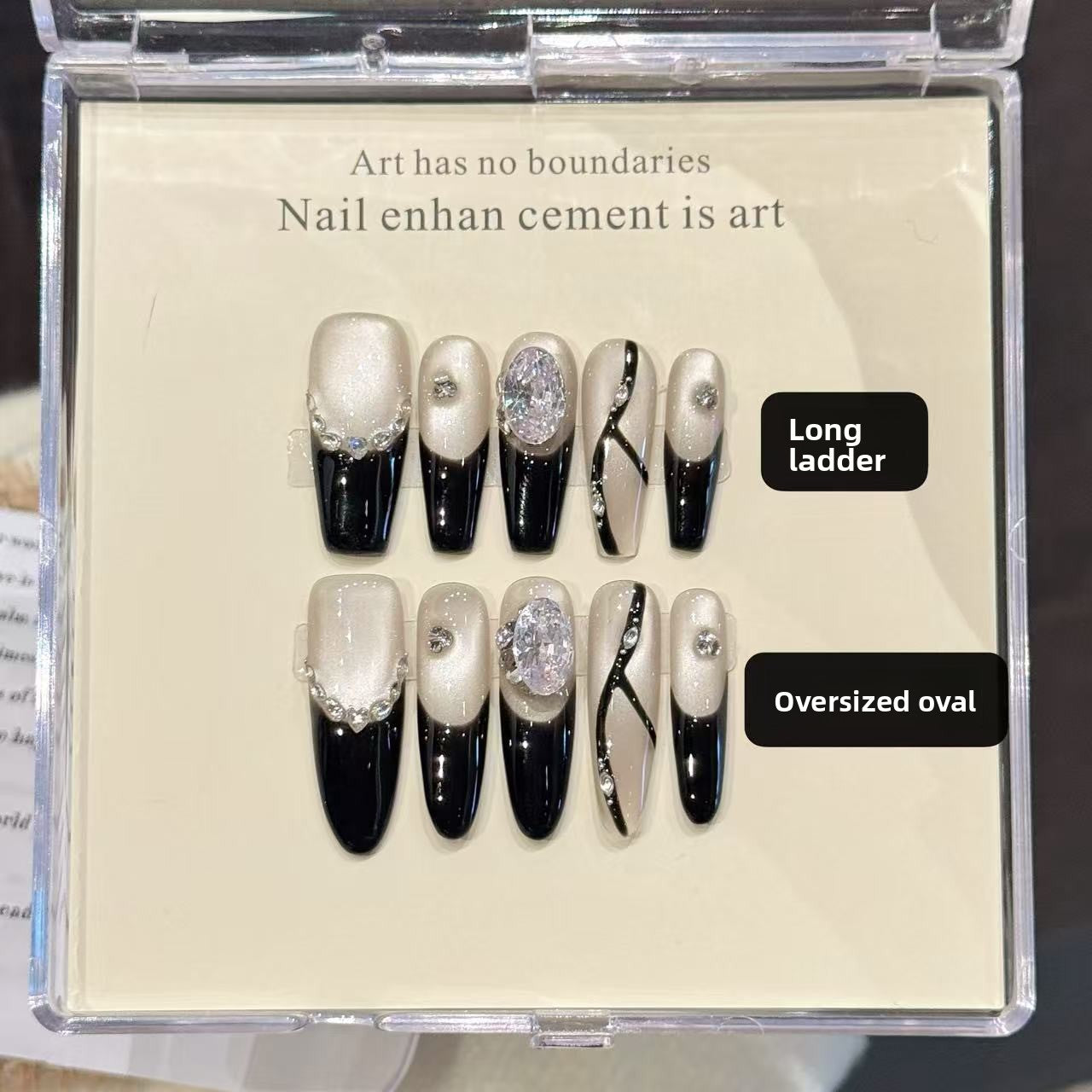 Long Black Silver Medium Nude Pearl Mixed Nail Set