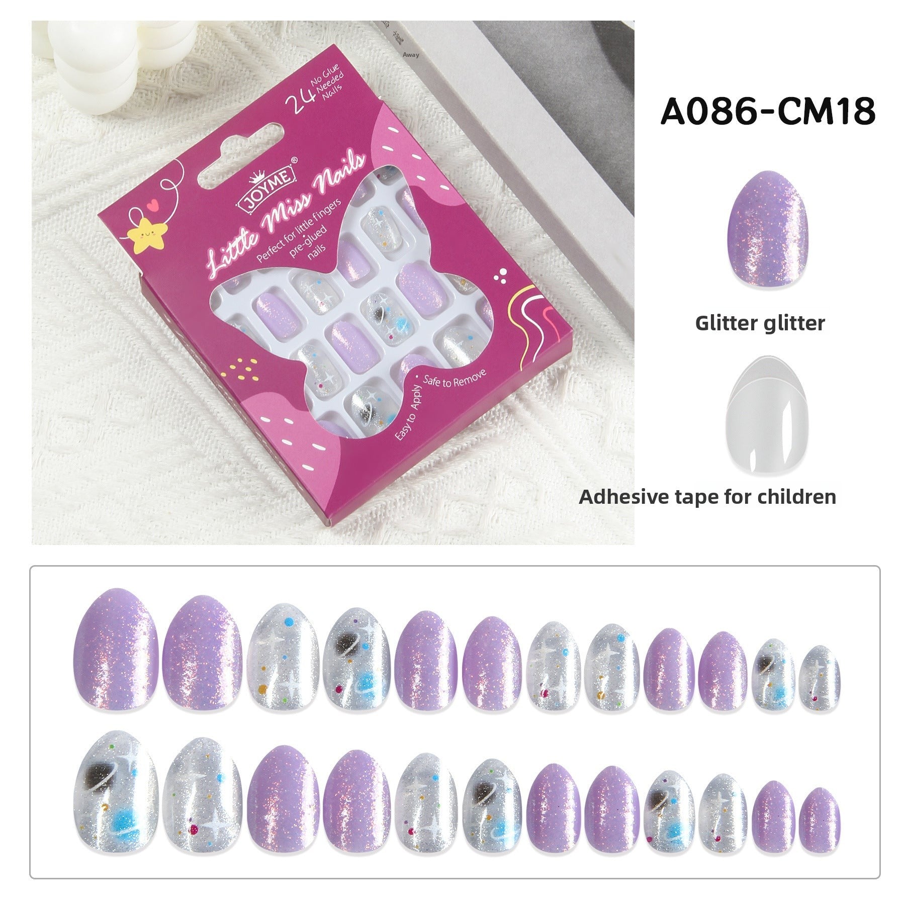 Kids press-on nails Comes with nail patch pointed almond 24 pieces finished product
