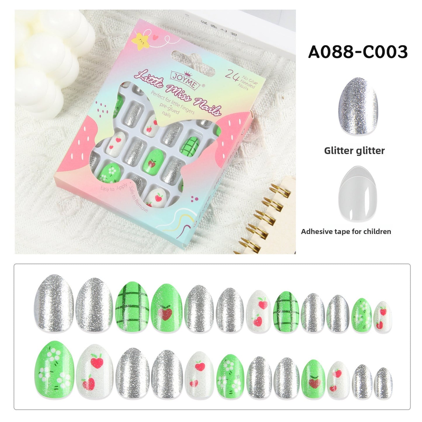 Kids press-on nails Comes with nail patch pointed almond 24 pieces finished product