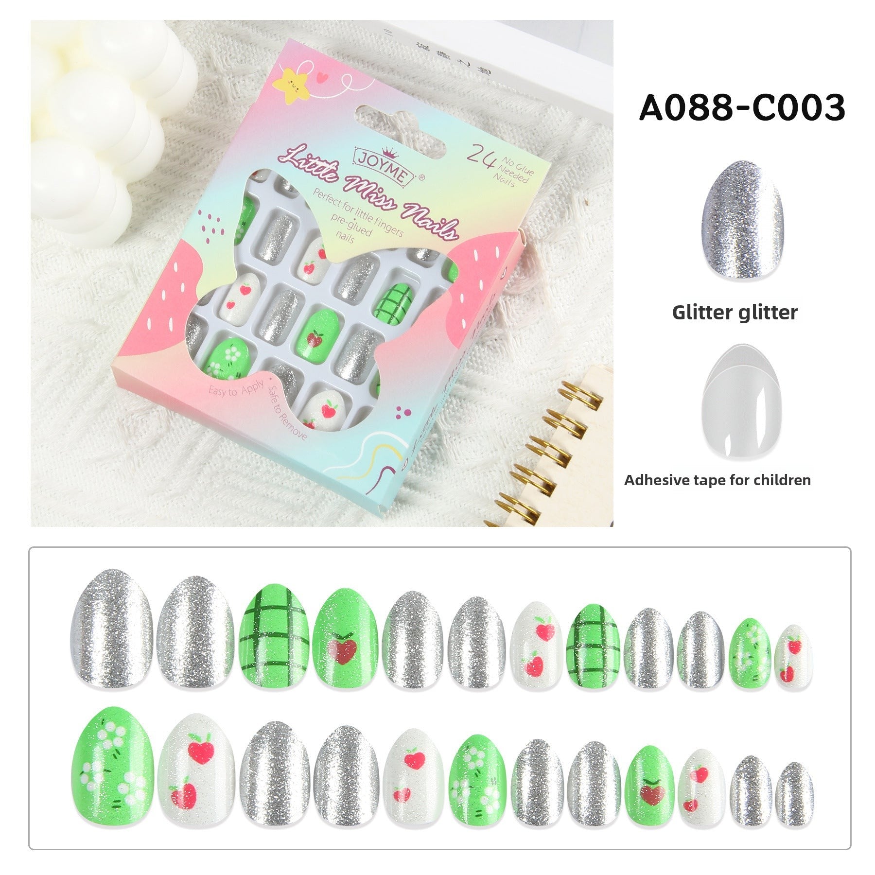 兒童穿戴甲，附指甲貼，尖頭杏仁形，24片成品