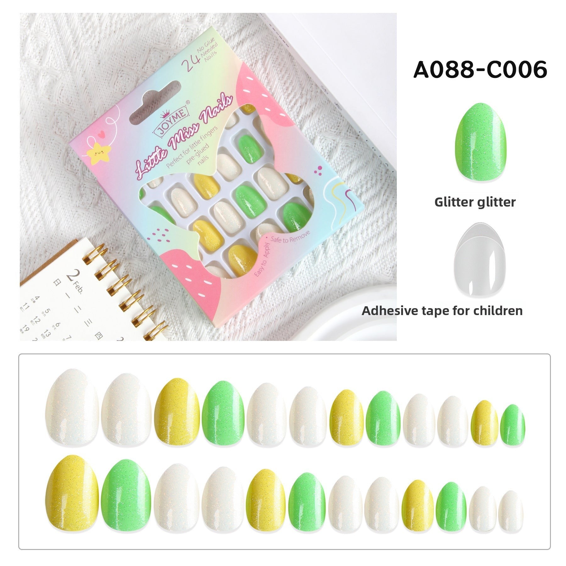 兒童穿戴甲，附指甲貼，尖頭杏仁形，24片成品