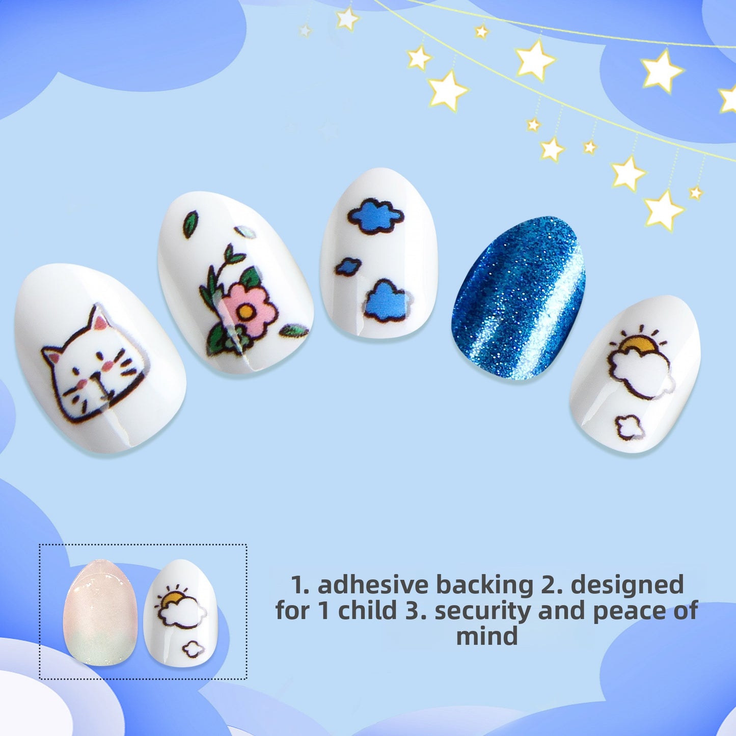 Kids press-on nails Bring your own nail patch, pointed almonds 24 pieces, finished blue kitten cartoon