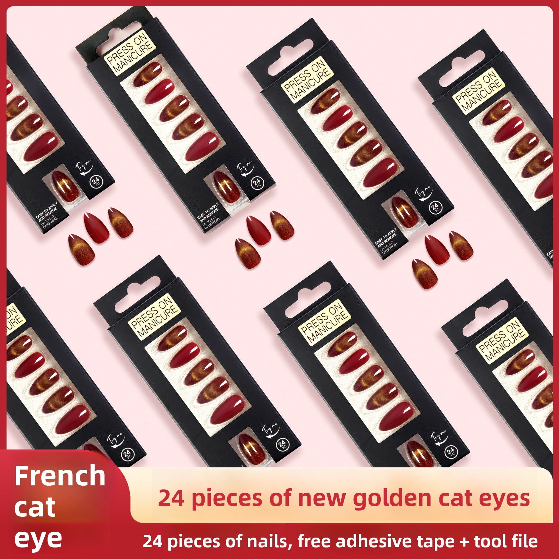 Golden Red Cat Eye French Short Nail Set