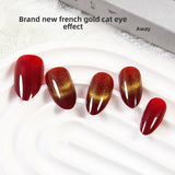 Golden Red Cat Eye French Short Nail Set