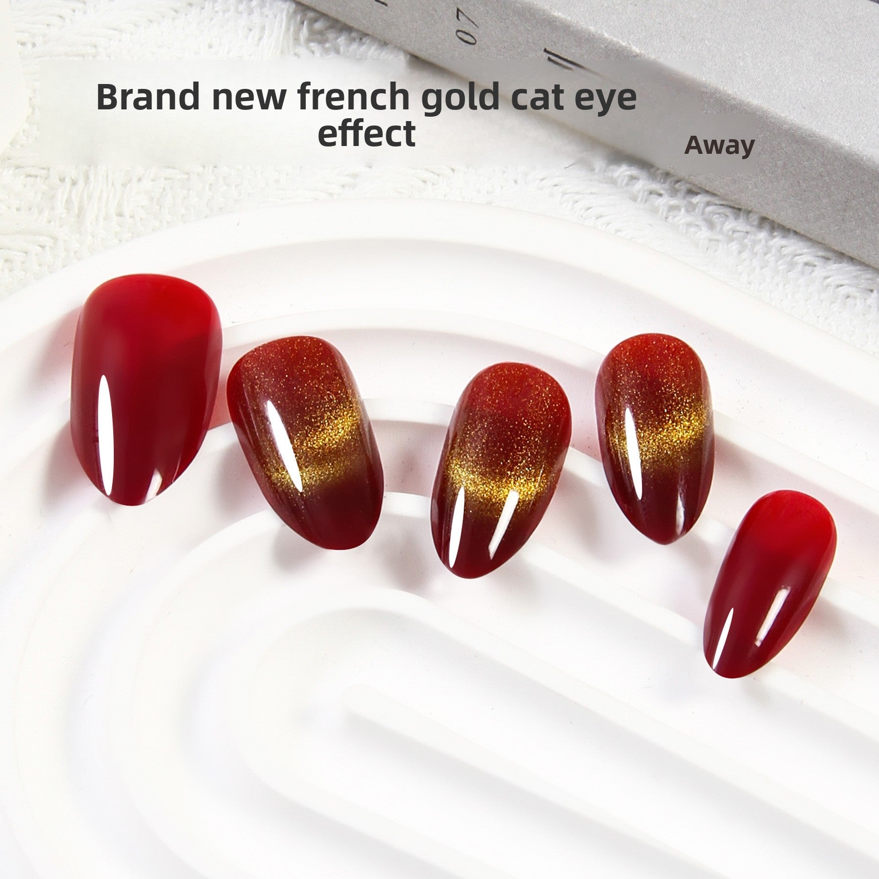 Golden Red Cat Eye French Short Nail Set