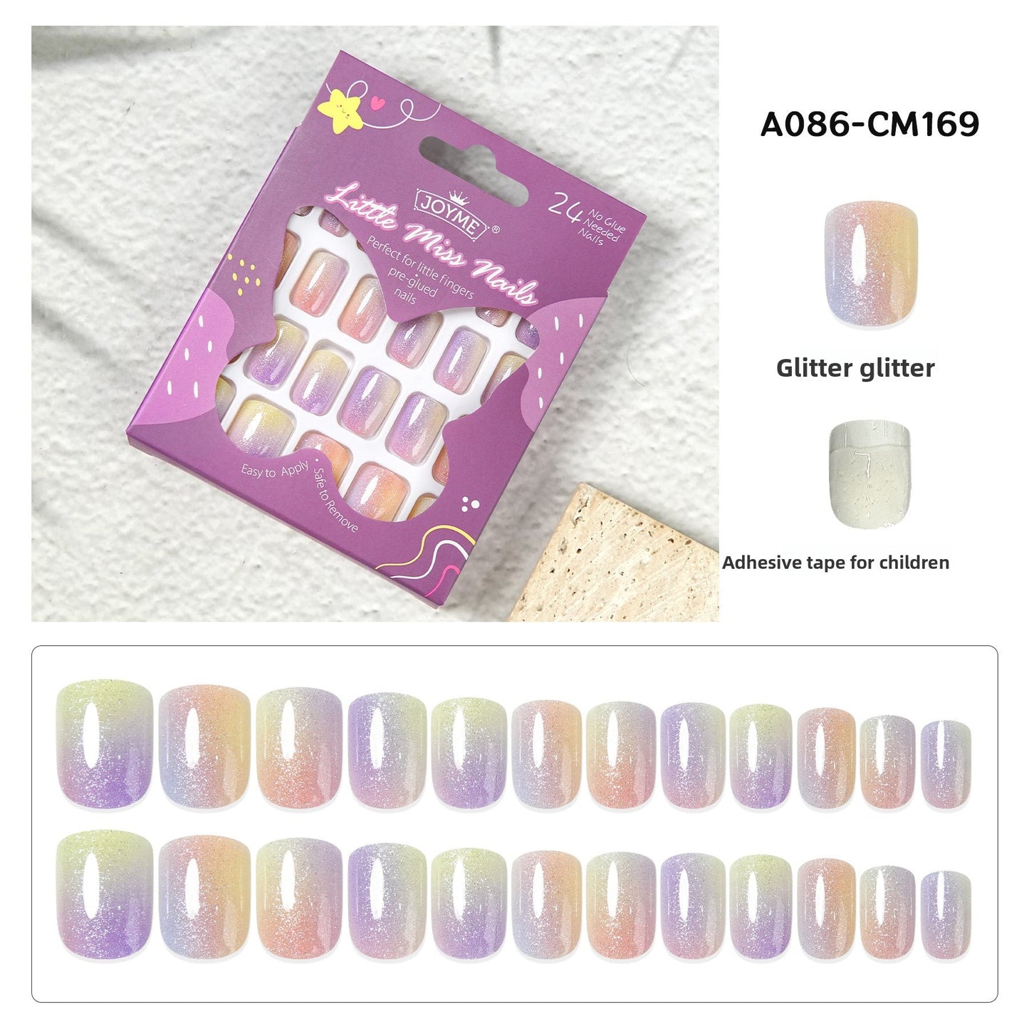 Kids press-on nails Comes with nail patch pointed almond 24 pieces finished product