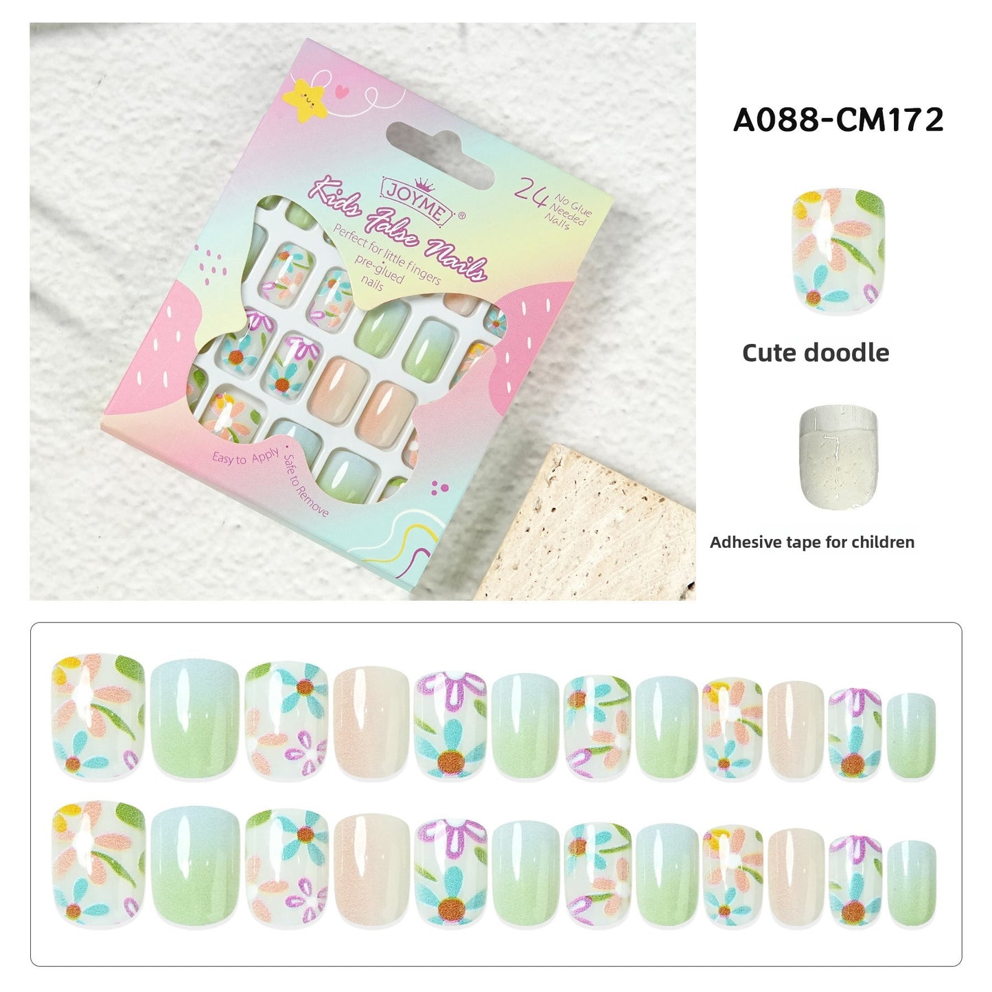 Kids press-on nails Comes with nail patch pointed almond 24 pieces finished product