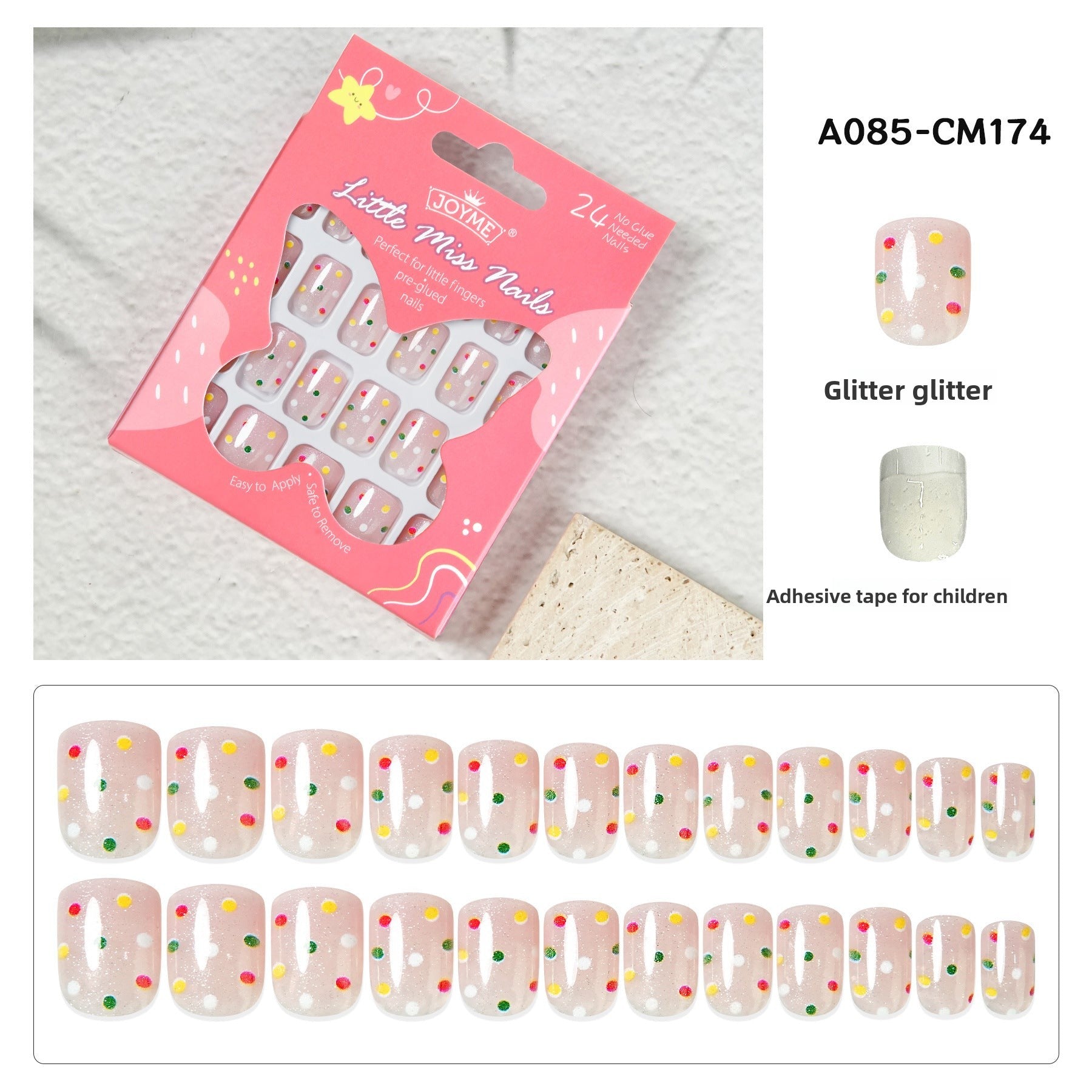 兒童穿戴甲，附指甲貼，尖頭杏仁形，24片成品