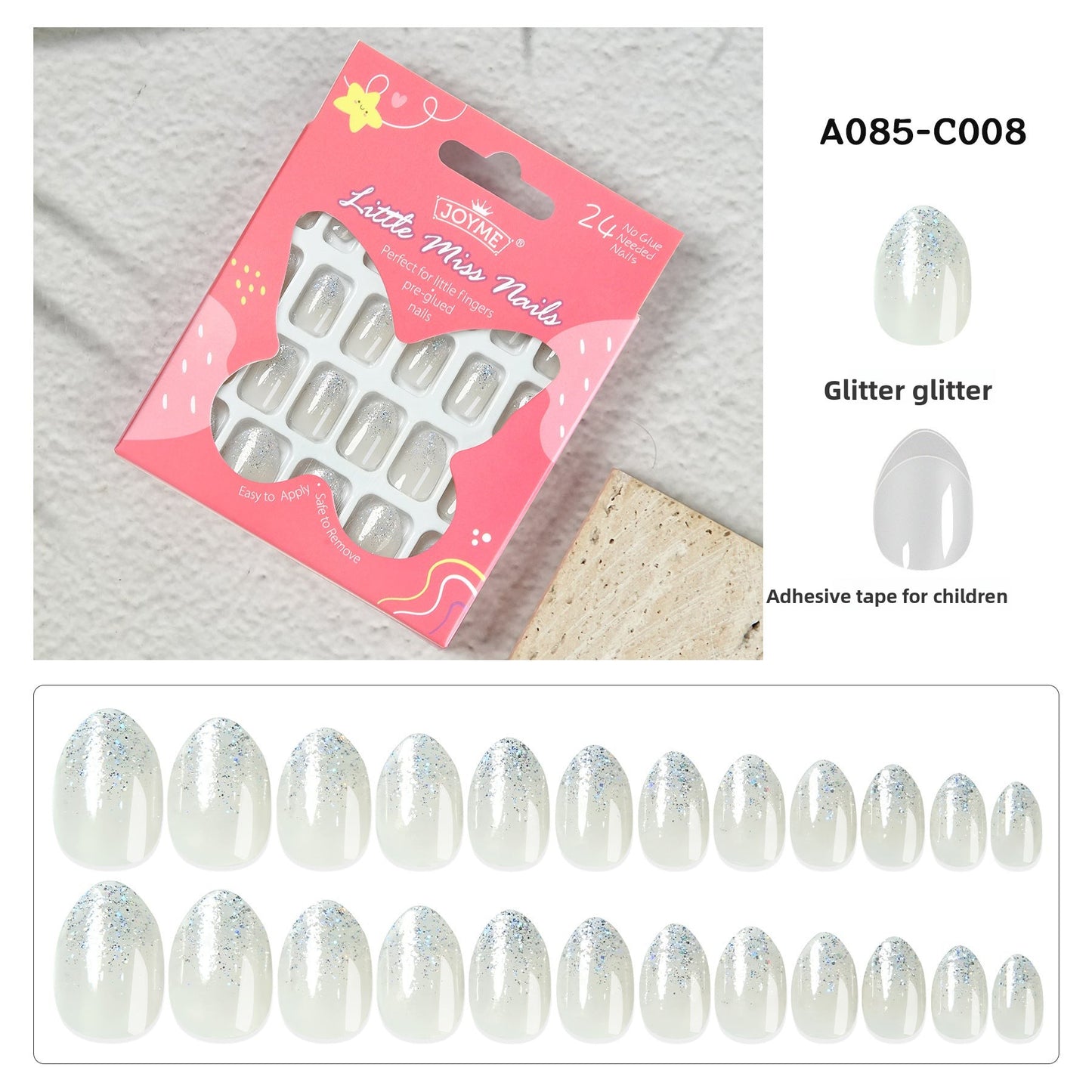 Kids press-on nails Comes with nail patch pointed almond 24 pieces finished product