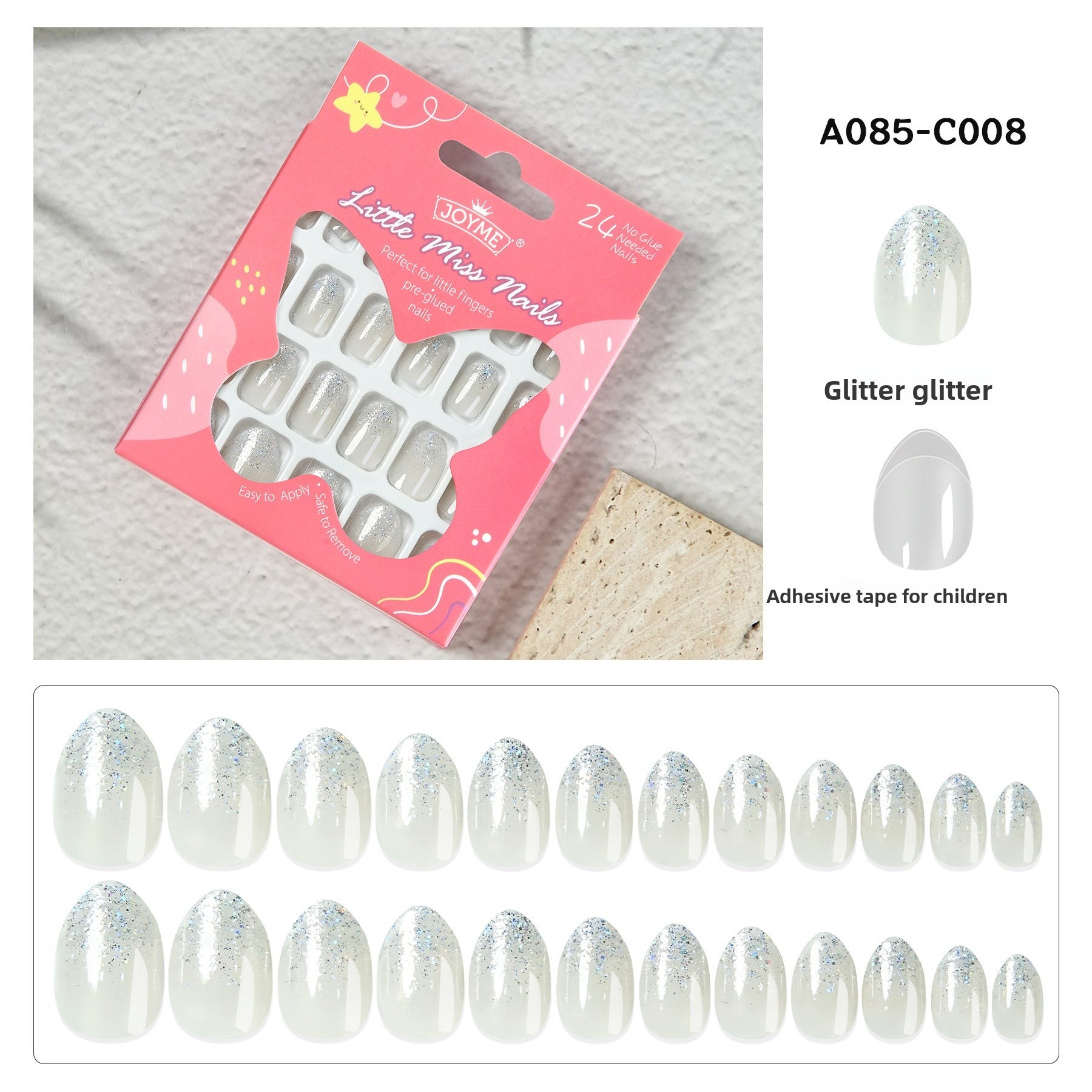 Kids press-on nails Comes with nail patch pointed almond 24 pieces finished product