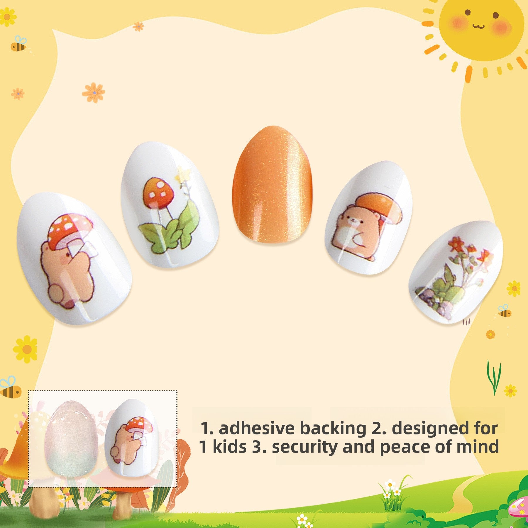Kids press-on nails Cartoon Mushroom Bear Self-Adhesive Nail Art Pointed Almond Nail 24 Pieces Hot Sale