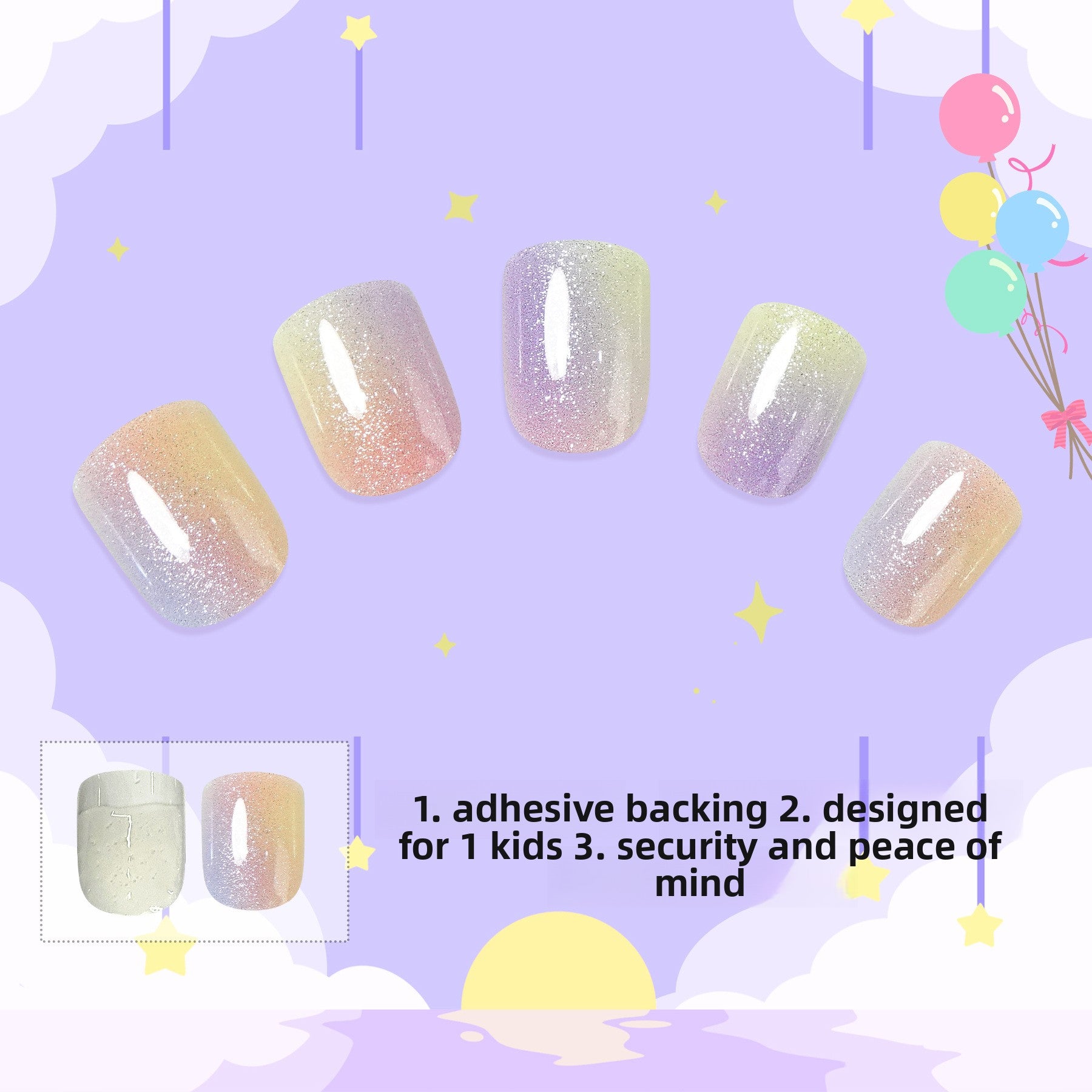 Kids press-on nails Self-adhesive smudge gradual change Symphony 24 pieces square head wholesale spot