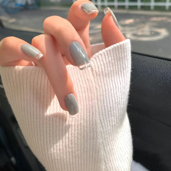 雾霾蓝灰反法式穿戴美甲假指甲美甲贴片指甲贴片防水可拆卸甲片 - Imagen 2