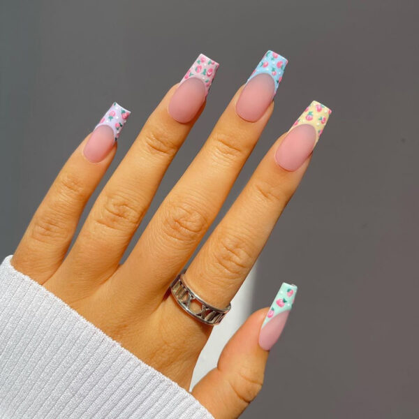 彩虹色水蜜桃false nail穿戴美甲成品假指甲美甲贴片指甲贴片甲片