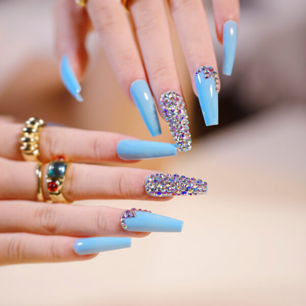 天蓝满钻穿戴美甲成品假指甲 Press on nail指甲贴片可拆甲片跨境