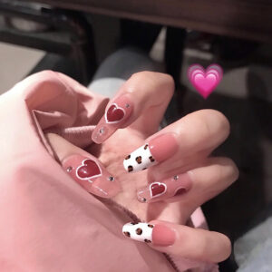 冰透裸色奶牛穿戴美甲爱心假指甲美甲贴片防水可拆卸甲片成品甲片