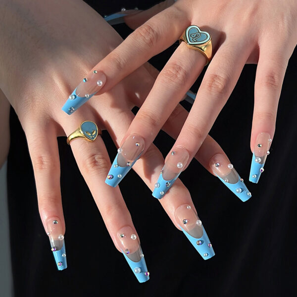 长芭蕾蓝色法式水钻珍珠穿戴式美甲可拆卸美甲片假指甲false nail