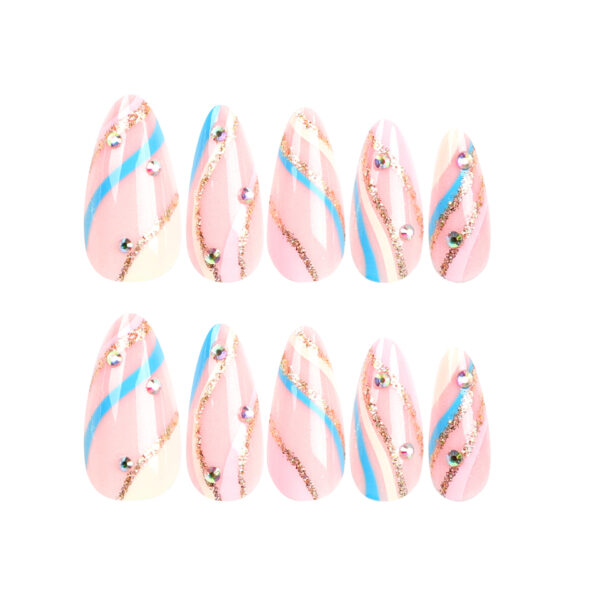 彩色条纹穿戴甲甲片金色闪粉波纹美甲点钻杏仁甲假指甲false nail - Imagen 9