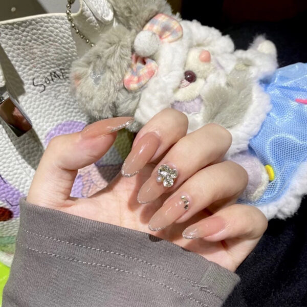 裸透银边法式堆钻穿戴美甲成品假指甲美甲贴片指甲贴片可拆卸甲片