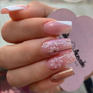 成品甲片批发闪粉白色小花甲片成品nails的甲片美甲穿戴甲中长款