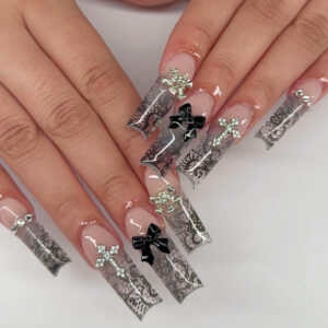 New black bow ice through wear nail sweet cool flash diamond cross nail long ladder sand pattern removable nail piece