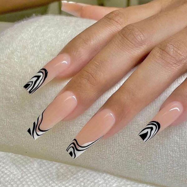 黑白斑纹法式False nail穿戴美甲成品假指甲美甲贴片指甲贴片跨境