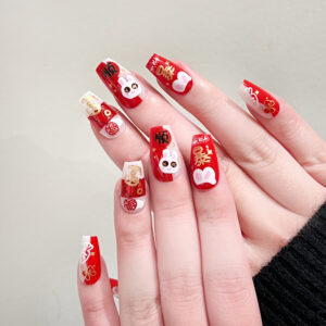 Ano Novo Arte de Unhas Coelho Cartoon Usar Unha Vermelha Arte de Unhas Curtas Arte de Unhas Arte de Unhas Acabamento de Unhas prensadas
