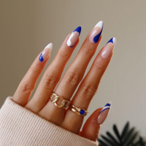 假指甲美甲贴片法式美甲蓝白拼色穿戴甲成品False nail 跨境直供