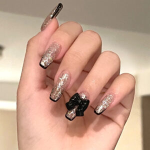 黑边法式美甲贴金粉蝴蝶结假指甲贴可拆卸穿戴美甲指甲贴厂家直销