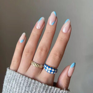 蓝法式线条穿戴美甲成品假指甲美甲贴片指甲贴片False nail可拆卸