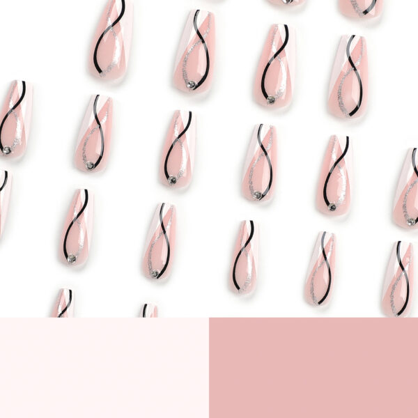 银色闪粉点钻穿戴甲批发白色拼接黑色线条美甲甲片press on nails – Image 4