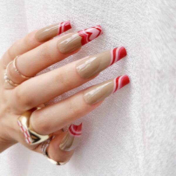 奶油棕红桃心波浪系列穿戴美甲成品假指甲press on nail 指甲贴片