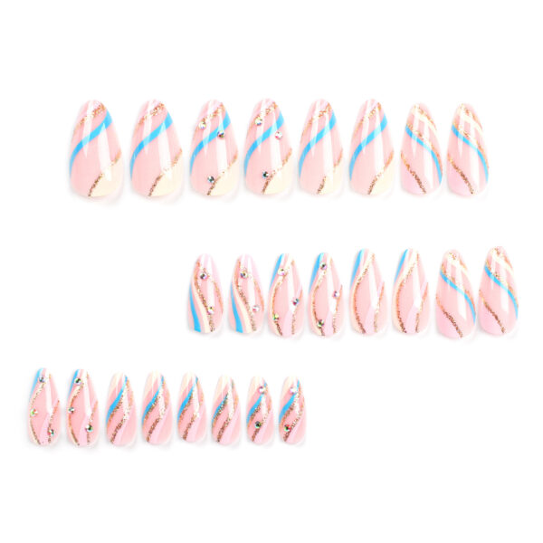 彩色条纹穿戴甲甲片金色闪粉波纹美甲点钻杏仁甲假指甲false nail - Imagen 2