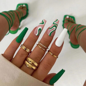 辣妹穿戴甲白绿波浪撞色美甲贴片穿戴甲批发假指甲 press on nail