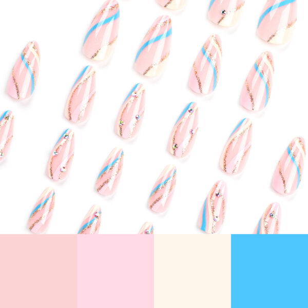 彩色条纹穿戴甲甲片金色闪粉波纹美甲点钻杏仁甲假指甲false nail - Imagen 5