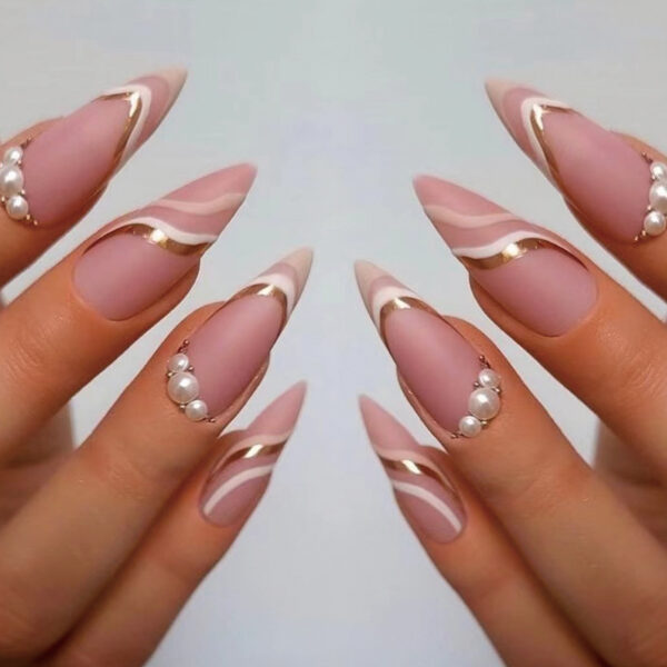 Uñas desgaste uñas al por mayor de longitud media de onda de oro blanco francés perla de uñas piezas de arte de uñas piezas de uñas de las uñas