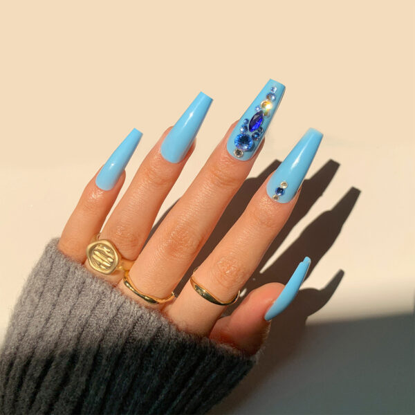 假指甲满钻系列穿戴甲深蓝色美甲显白指甲贴片 press on nail跨境