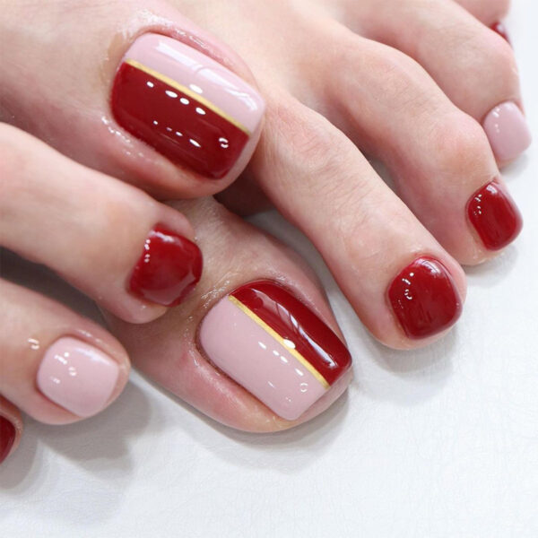 Color Blocking Vino Rojo Rosa Uñas postizas Uñas postizas Uñas de los pies Uñas postizas removibles Uñas de los pies