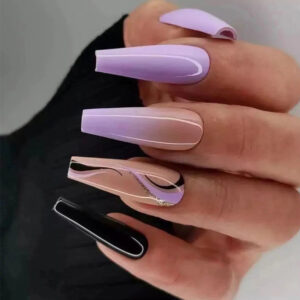 美甲贴片黑紫波浪撞色穿戴甲成品批发长款美甲甲片批发nail甲片