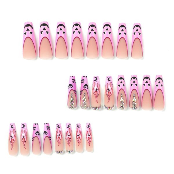 穿戴甲片万圣节磨砂美甲粉色法式南瓜火焰月亮水钻press on nails - Imagem 4
