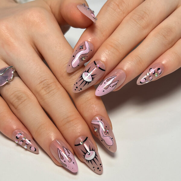 恶魔之眼甜酷穿戴甲欧美粉色辣妹蛇纹美甲甲片成品批发false nail
